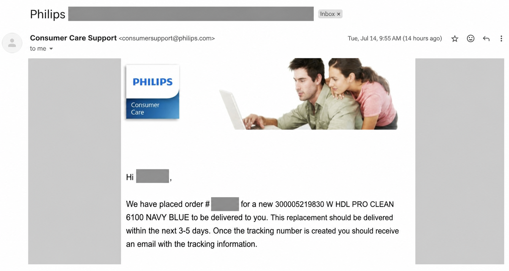 Redacted screenshot of Philips confirming a new replacement toothbrush order